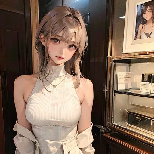 (highest resolution、clear_image)highest quality、woman、very detailed、semi-realistic、light cream hair、short hair、Long neckline、gray eyes、21 years old、shoulder length hair、mature、young、V-neck sweater、exquisite features、Cowboy Shot、Brown Eyes、Waist up shot