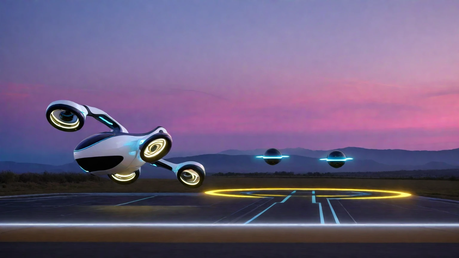 Create an image of a futuristic taxi drone inspired by Tesla, called Robotaxi. The drone should have a sleek and modern design, featuring a white and silver color scheme. It should have large, circular propellers on each side, and a glass cockpit with neon blue lighting accents. The drone is hovering above a high-tech landing pad that has an illuminated pathway. The backdrop should include a dramatic sky with deep pink and purple hues, resembling a sunset over a vast landscape with cliffs and greenery.