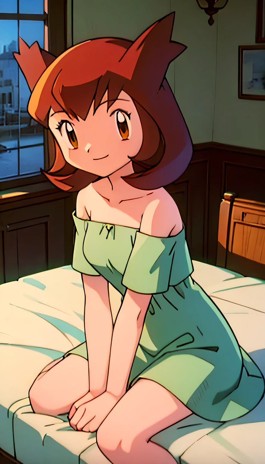 masterpiece, best quality, ultra-detailed, illustration, beautiful detailed eyes, very detailed illustration, cinematic lighting, 1 girl, solo, Pokemon Heroes (Bianca), Brown Hair, brown eyes, 1 girl, solo, bare shoulders, white ruffle off the shoulder maxi dress, intricate details, sharp focus, high resolution, evening light, purple sundown, bedroom, window, sitting on her bed, light smile
