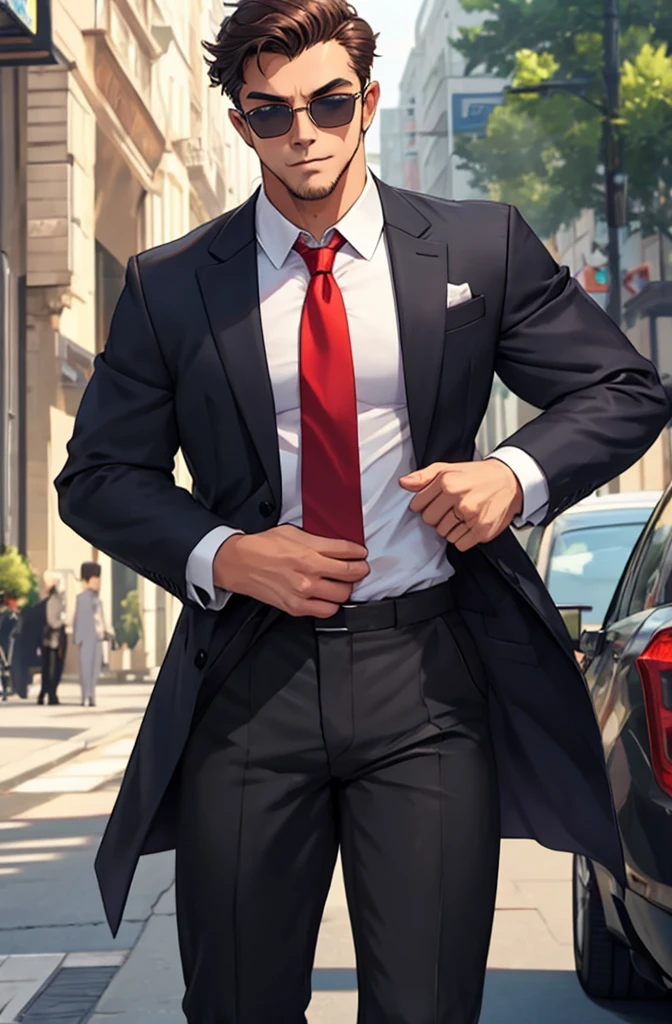 CAT MAN with elegant suit and red tie and dark glasses and sexy black pants