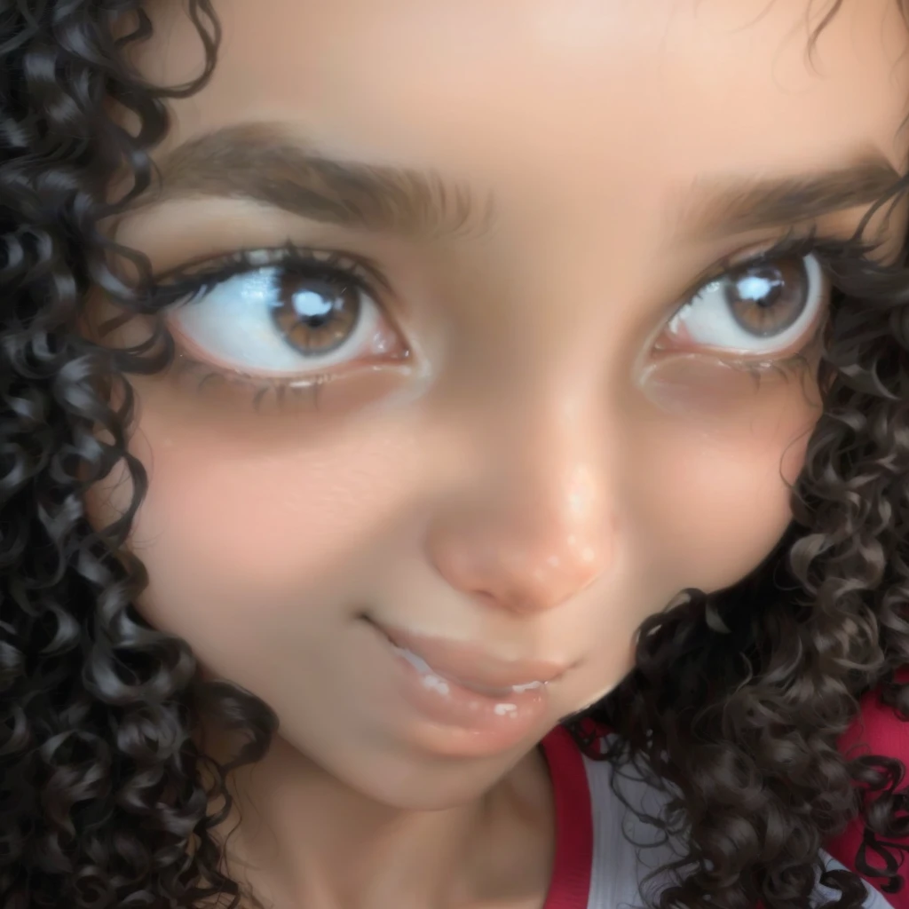 There is a young woman with curly hair smiling at the camera, with olive skin, with haunted eyes and curly hair, close up of her face, close up of her head, she has olive brown skin, looking very silly, black hair and big eyes, her face framed by curls, curly hair, close up of face, Light brown skin!, close up on face