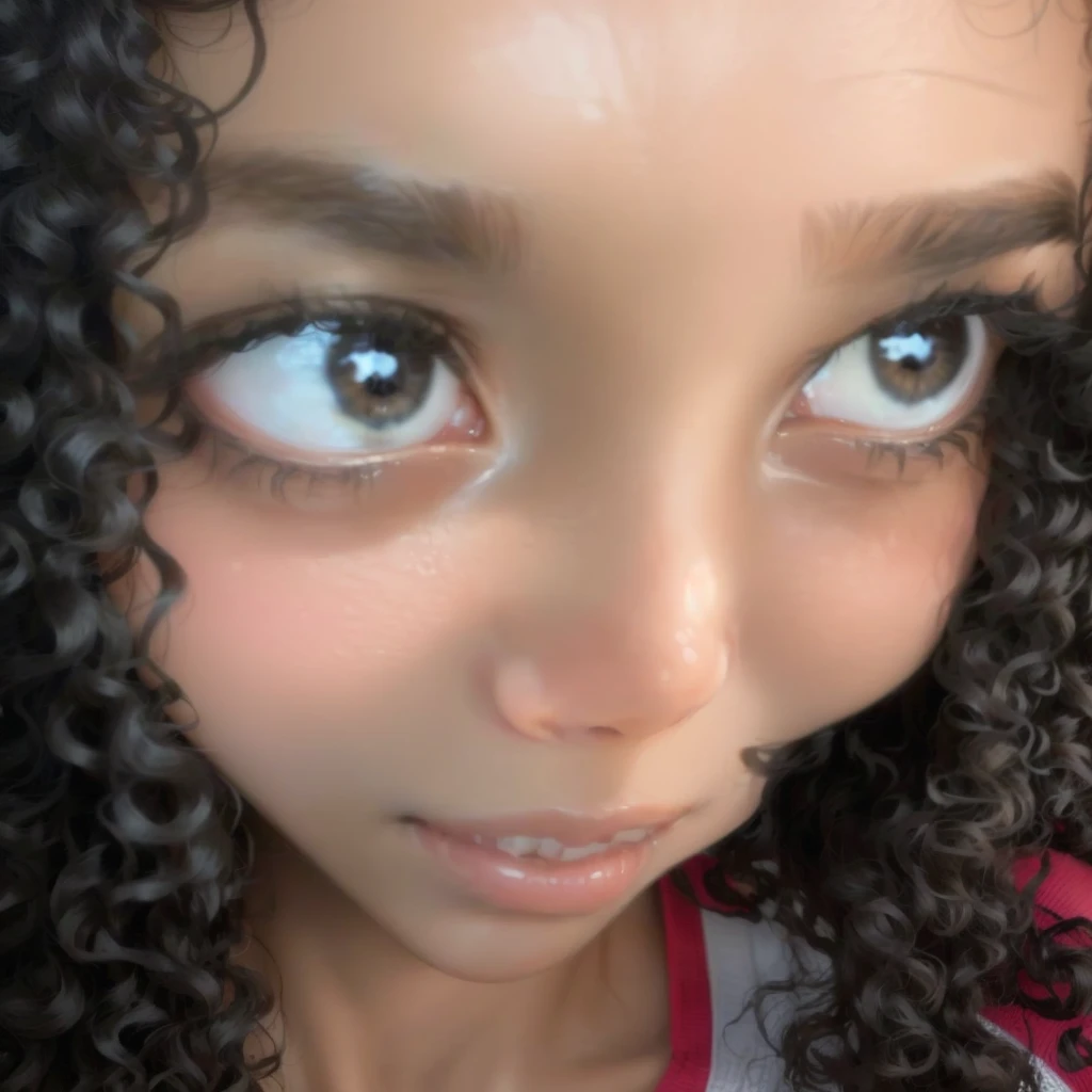 There is a young woman with curly hair smiling at the camera, with olive skin, with haunted eyes and curly hair, close up of her face, close up of her head, she has olive brown skin, looking very silly, black hair and big eyes, her face framed by curls, curly hair, close up of face, Light brown skin!, close up on face