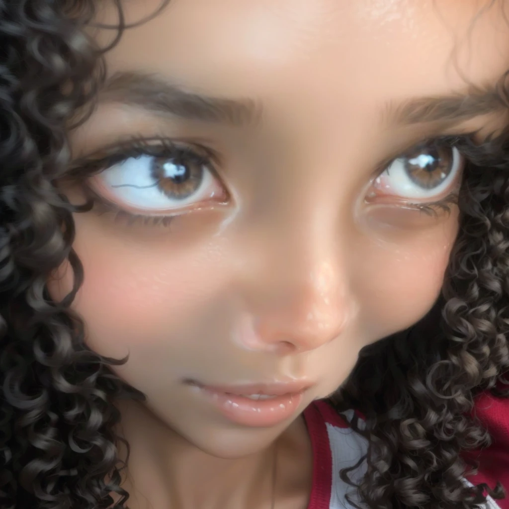 There is a young woman with curly hair smiling at the camera, with olive skin, with haunted eyes and curly hair, close up of her face, close up of her head, she has olive brown skin, looking very silly, black hair and big eyes, her face framed by curls, curly hair, close up of face, Light brown skin!, close up on face