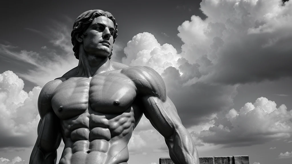 A grayscale digital image showing a detailed, muscular statue resembling a Greek god draped in fabric, set against a dramatic cloudy sky. In the background, additional statues can be seen. Overlaid text in bold white font reads, think of small ways to introduce voluntary discomfort.