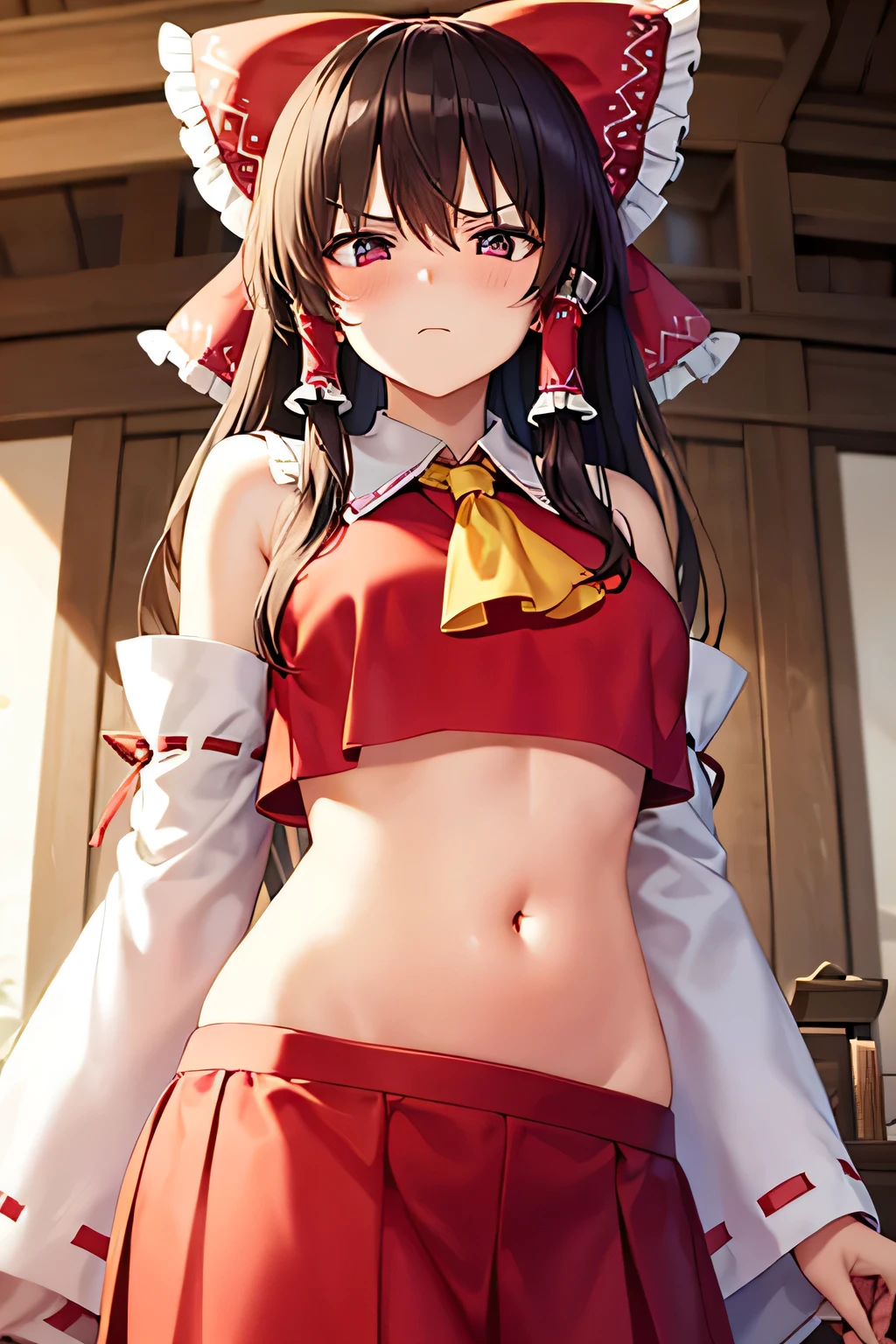 super fine illustration, vibrant colors, masterpiece, sharp focus, best quality, depth of field, cinematic lighting, ultra detailed, blush, annoyed, navel, belly button, tummy, hips, shrine maiden, hakurei reimu, 1girl, hair bow, ascot, hair tubes, detached sleeves, looking down, red shirt, red skirt, long skirt, long hair, dark brown hair, indoors, mature woman, crop top