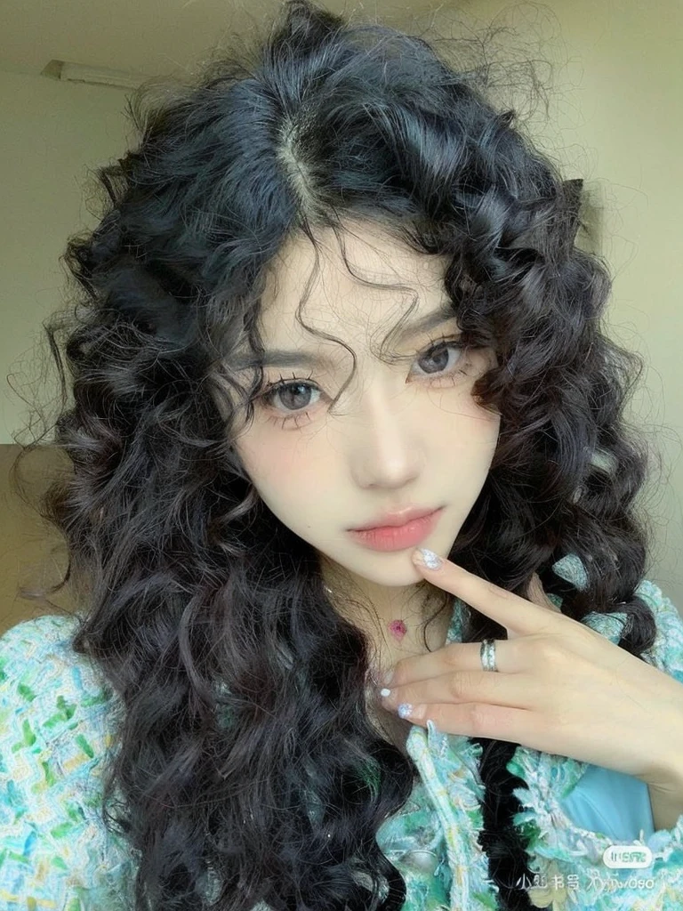 a close up of a woman with long black hair and a ring on her finger, ulzzang, curly middle part haircut, curly bangs, with long curly hair, (dark shorter curly hair), long messy curly hair, with haunted eyes and curly hair, black long curly hair, white curly hair, curly dark hair, curly, messy curly hair, korean girl