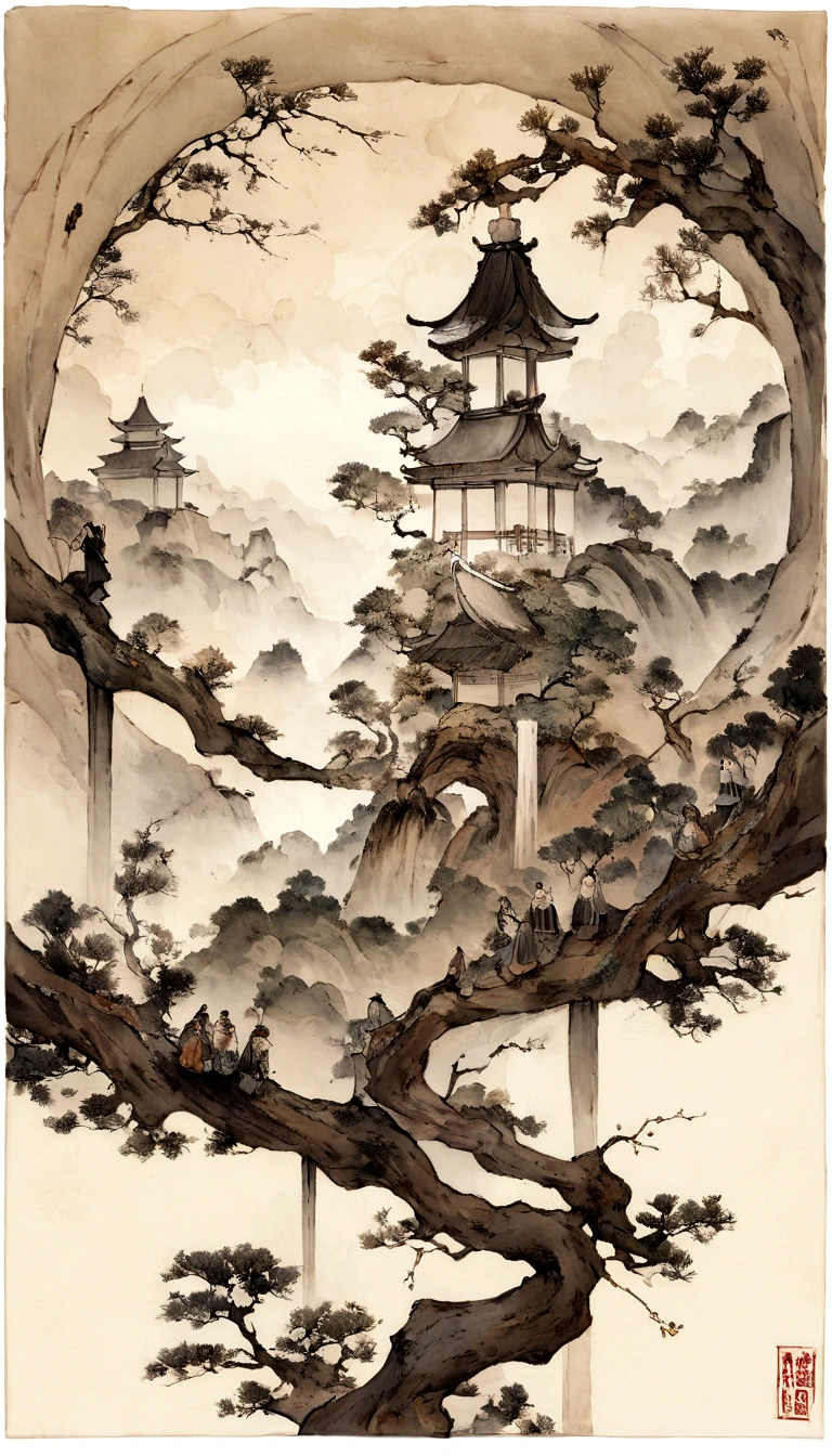 Chinese figure landscape painting，Ink and Watercolor Painting，Larger Characters，scholar，Lao Tzu，，ink，Vision，Super wide viewing angle，meticulous，Vision饱和度低，Low contrast，Beautifully depicted，Acura，masterpiece，masterpiece