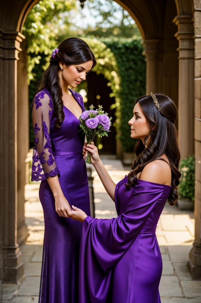 Brunette woman in purple dress hands a flower to a commander outside in the garden of an opulent hall 
