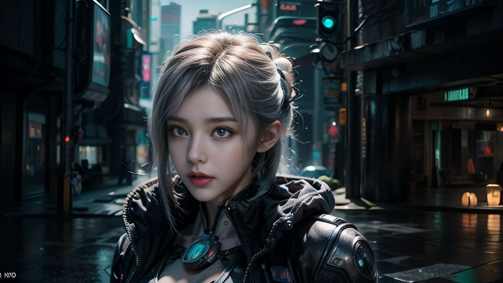 masterpiece,best quality,high resolution,8K,(Portrait Photos:1.5),(R Original Photo),The real situation,Digital Photography,(Combination of cyberpunk and fantasy style),(Policewoman),,Feel free to hairstyle,white hair,Purple Eyes,By Bangs,(Large Breasts), Accessories,shut your mouth,Elegant and charming,Serious and arrogant,Calm and handsome,(Cyberpunk meets fantasy style clothing,Hollow carving design,Large Breasts,Photo poses,Realistic style,Gray World Background,oc render reflection texture,futuristic city,semi-body photography