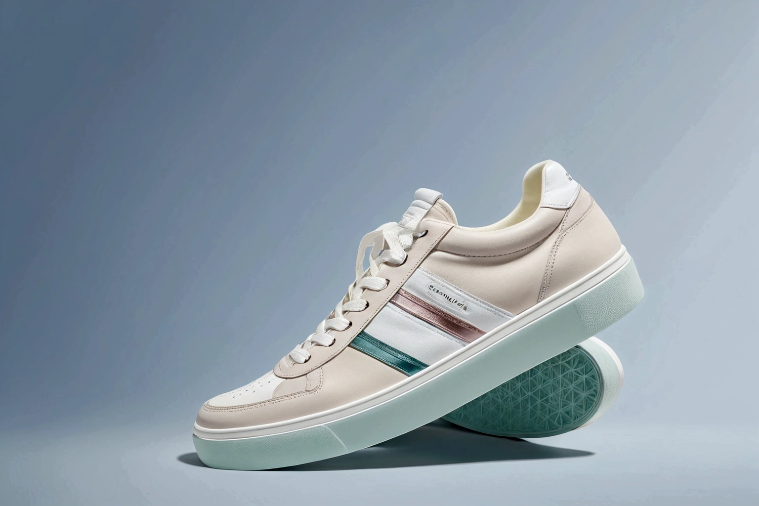 Two sneakers,,Clean background,Light beige gradient background color,Only shoes appear,Shoes are posed for photography,Shoes are shiny,Fine details,HD resolution,Best picture quality,Higher quality,High Detail,Ultra-high resolution,8K resolution,masterpiece
