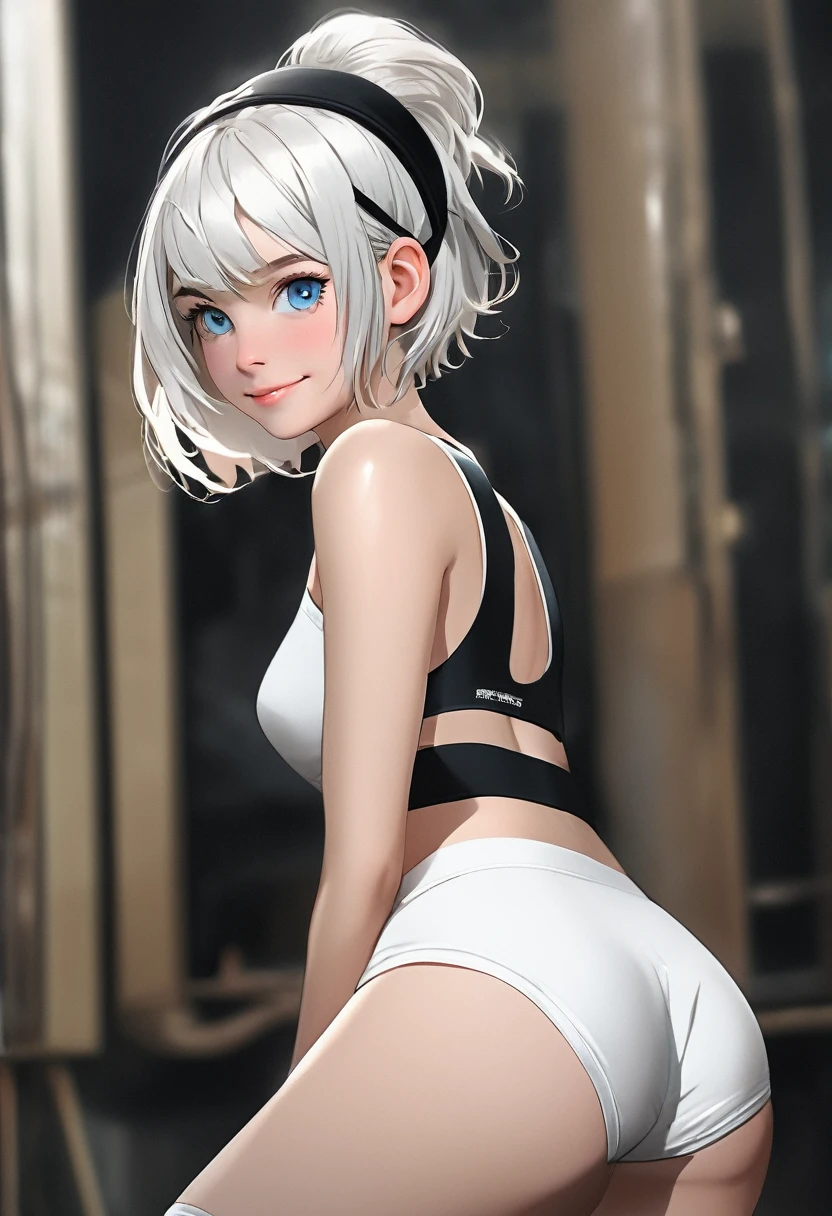 8ก,Masterpiece,one woman,shy smile,30 years old,blue eyes,white hair,short bob hair,Dutch beauty,Ella Freya（Ella Freya),(white panties),2b, short hair, Slender figure, rift, small breasts, gray hair, headband, Black knee-length socks, White leotards, Tailoring clothes, rift cutout, black headband, shooting underwear,Dynamic angle,back view