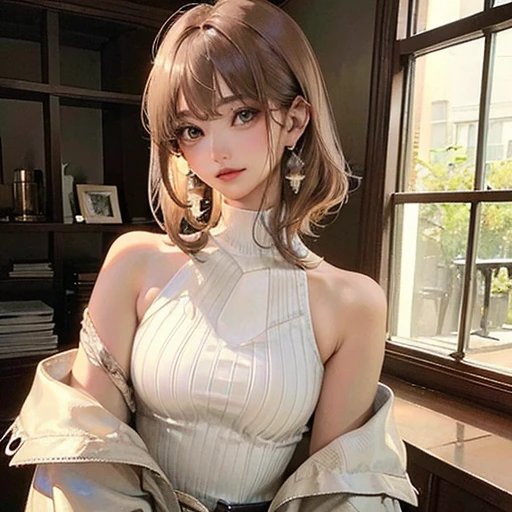 (highest resolution、clear_image)highest quality、woman、very detailed、semi-realistic、light cream hair、short hair、Long neckline、gray eyes、21 years old、shoulder length hair、mature、young、V-neck sweater、exquisite features、Cowboy Shot、Brown Eyes、Waist up shot