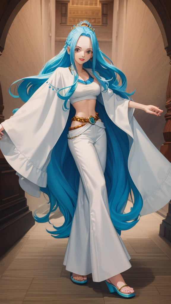 Crie uma imagem full body em estilo anime de Nefertari Vivi do anime One Piece. Ela possui cabelos longos e azuis com franja estilo Hime, olhos azuis, e um sorriso encantador. She is wearing a white leather jacket over a white loose-fitting shirt and sweatpants.. (corpo bonito:1.3) Vivi has bright red lips and a perfect anime face, com detalhes realistas e ultra detalhados. O fundo deve ser uma cidade, destacando-a como a melhor garota de anime  (rosto bonito:1.3)