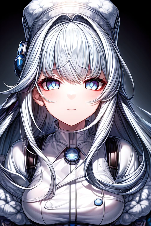 (masterpiece, best quality, perfect face, expressive eyes), 1girl, (anime), (adult), intricate details, white hair, empty eyes, blue eyes, white papakha, white fur-trimmed coat, 