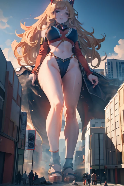 Giant Girl 50,000 feet high,Have a pair of long legs,Have a pair of huge ,Wearing a red bikini,Waist length blonde hair,Loose hair,Wear a pair of Mary Janes,Blonde curly hair,full of enjoyment,Standing firm in a crowded city, vandalism,It seems to be an invincible existence,Beautiful appearance,Exquisite makeup,quality,8K,高quality,(Governor:1.5),Perfect proportion, theater lighting,Film Grain,Fuji Colors,8K,Textured Skin,Super Detail,High Detail,high quality,high resolution,thunderbolt,Fake laugh,Morning, Full body image