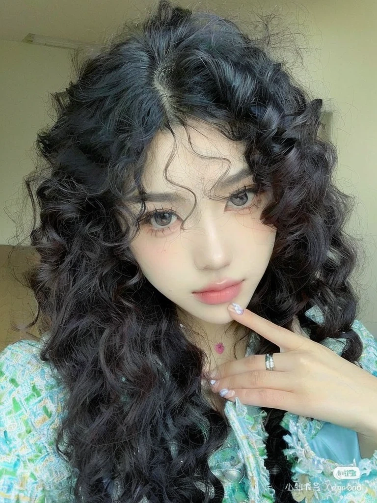 a close up of a woman with long black hair and a ring on her finger, ulzzang, curly middle part haircut, curly bangs, with long curly hair, (dark shorter curly hair), long messy curly hair, with haunted eyes and curly hair, black long curly hair, white curly hair, curly dark hair, curly, messy curly hair, korean girl