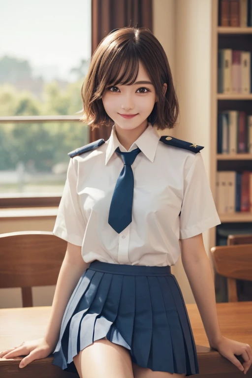 ((Tabletop)), ((highest quality)), (Super detailed), ((Very detailed)), 4K, (8k), highest quality, (beautiful), Gradation, (Tabletop, highest quality:1.2), 8k, 18-year-old, 85mm, Official Art, RAW Photos, Absurd, White dress shirt, Pretty face, close, Upper Body, Violet, Gardenias, beautiful Girl, , (Navy Pleated Skirt:1.1), Cinch waist, Thighs Thighs Thighs Thighs, Short sleeve, short hair、at the library, View Viewer, No makeup, (smile), Film Grain, chromatic aberration, Sharp focus, Face Light, Bright lighting, Teen, Detailed face, Bokeh Background, (Dark red tie:1.1)、Medium chest