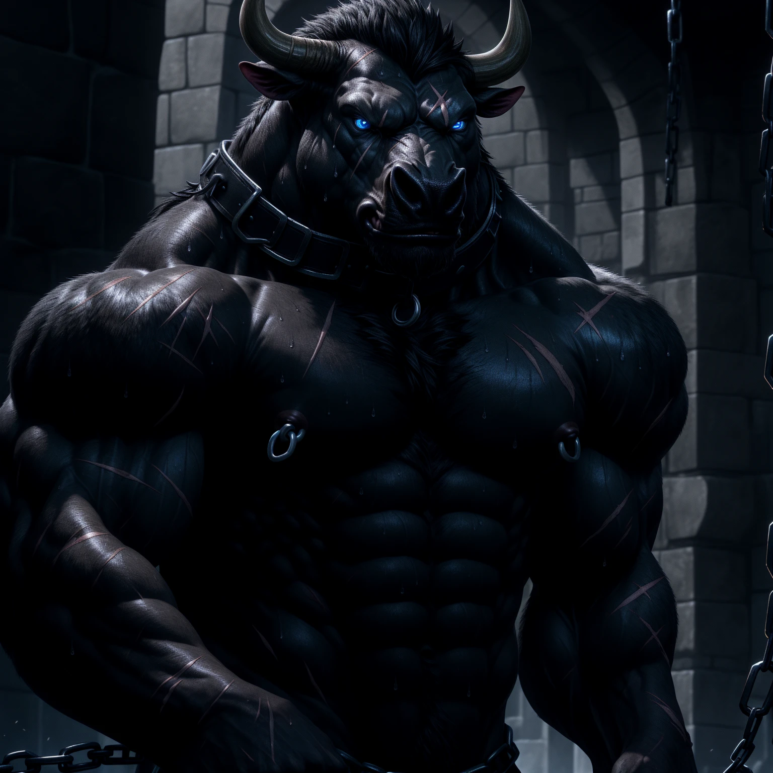 Sweating, muscular, Shirtless, dark castle, Anthropomorphic chest hair, serious face(scars in the face) Mature (blue eyes)Huge muscular torn abs wild wearing nipple rings and collars prisoners collar linked to chains lock ambitious black bull