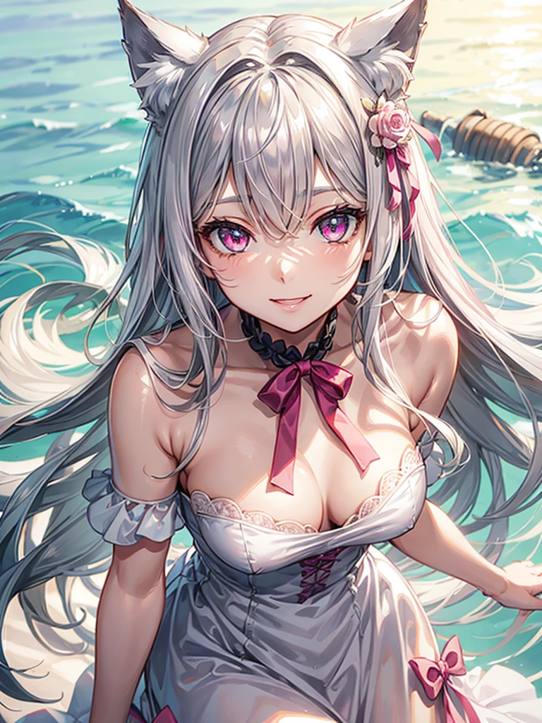 Highly detailed face,fine grain,Waterfront,Highlighted eyes, medium breasts ,pretty girl,smile,Cat ear,Beautiful silver hair,Pink inside,Beautiful pink eyes,shiny skin, beautiful shadow,White dress,ribbon,date