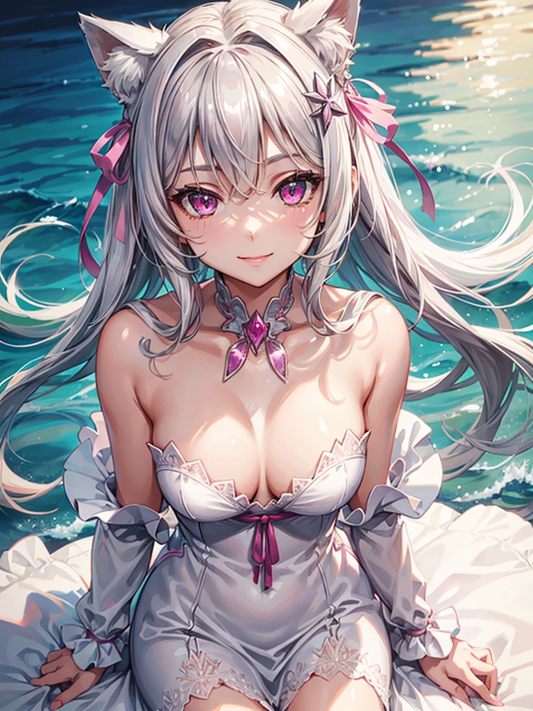 Highly detailed face,fine grain,Waterfront,Highlighted eyes, medium breasts ,pretty girl,smile,Cat ear,Beautiful silver hair,Pink inside,Beautiful pink eyes,shiny skin, beautiful shadow,White dress,ribbon,date