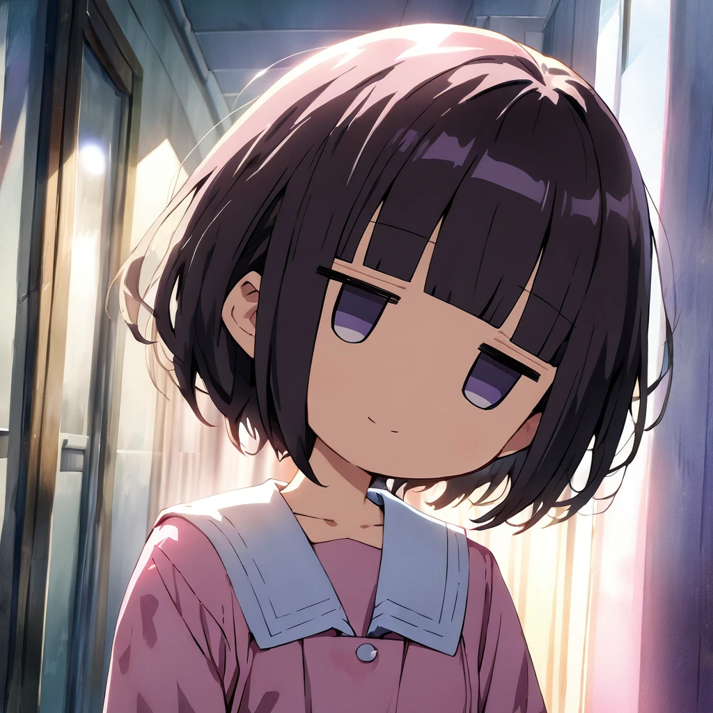 (a jitome girl:1.5), (masterpiece:1.3), anime visual,  (Lovey-dovey:1.5), (tilt head:1.3), extremely delicate face, soft clean focus, realistic lighting and shading, (an extremely delicate and beautiful art:1.3), (masterpiece:1.3), anime visual, extremely delicate face, (an extremely delicate and beautiful art:1.3), 
cute face,big eyes,smiling,blue purpl wavy and blunt bangs hair,green and black eyes,from front,watercolor painting,A girl walking down a dark hospital corridor on her night shift, wearing a pink nurse's uniform and carrying a binder,jitome,full body shot,night lit,