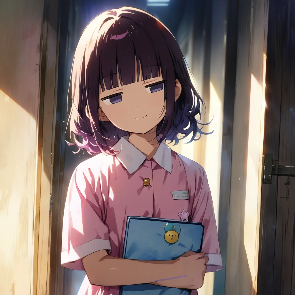 (a jitome girl:1.5), (masterpiece:1.3), anime visual, (Lovey-dovey:1.5), (tilt head:1.3), extremely delicate face, soft clean focus, realistic lighting and shading, (an extremely delicate and beautiful art:1.3), (masterpiece:1.3), anime visual, extremely delicate face, (an extremely delicate and beautiful art:1.3),
cute face,big eyes,smiling,blue purpl wavy and blunt bangs hair,green and black eyes,from front,watercolor painting,A girl walking down a dark hospital corridor on her night shift, wearing a pink nurse's uniform and carrying a binder,jitome,full body shot,night lit,