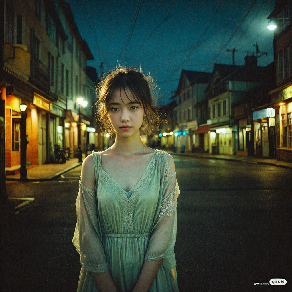 The scene depicted on the cover art is a serene, small town bathed in the soft light of dusk. In the foreground, a young woman stands alone, gazing into the distance with a mix of contemplation and resignation. The town around her appears frozen in time, with quaint buildings and streets enveloped in a quiet atmosphere. Yet, there's a sense of melancholy in the air, hinted at by the fading light and the girl's somber expression. The cover art captures the essence of the song's theme of fleeting moments and the abrupt changes brought about by fate.", High resolution, masterpiece, highest quality, Intricate details, Very detailed, Clear focus, Delicate skin, practical skin texture, texture, Delicate eyes, Professional, 4K, Shot with Canon, 85mm, Shallow and deep, Kodak Vision Color, Exactly, Very detailed, photograph_\(Extremist\), photographpractical, practical, Post-processing, Maximum details, Roughness, Real Life, Extremist practical, Photorealism, photographgraphy, 8K Ultra HD, photographgraphy