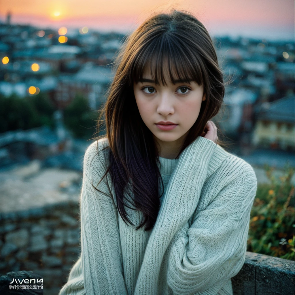 The scene depicted on the cover art is a serene, small town bathed in the soft light of dusk. In the foreground, a young woman stands alone, gazing into the distance with a mix of contemplation and resignation. The town around her appears frozen in time, with quaint buildings and streets enveloped in a quiet atmosphere. Yet, there's a sense of melancholy in the air, hinted at by the fading light and the girl's somber expression. The cover art captures the essence of the song's theme of fleeting moments and the abrupt changes brought about by fate.", High resolution, masterpiece, highest quality, Intricate details, Very detailed, Clear focus, Delicate skin, practical skin texture, texture, Delicate eyes, Professional, 4K, Shot with Canon, 85mm, Shallow and deep,  Kodak Vision Color, Exactly, Very detailed, photograph_\(Extremist\), photographpractical, practical, Post-processing, Maximum details, Roughness, Real Life, Extremist practical, Photorealism, photographgraphy, 8K Ultra HD, photographgraphy