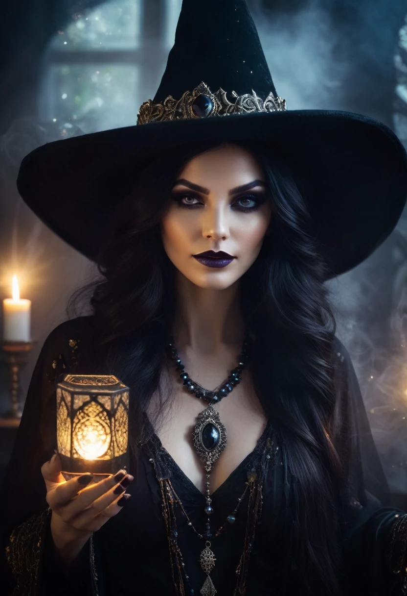 a beautiful woman , LONG HAIR queen WITCH WITH A hat TAROT CARDS and crystals dark MAKEUP .the Style-RustMagic, Aum, (atmosfera escura:1.2), (Mist & smoke), (noite escura:1.3), Cicatrizes, (shaggy medium length dark hair:1.1), (sombra:1.1), (brilho lindamente detalhado:1.2), (cinematic lighting), detalhe intrincado, high resolution,