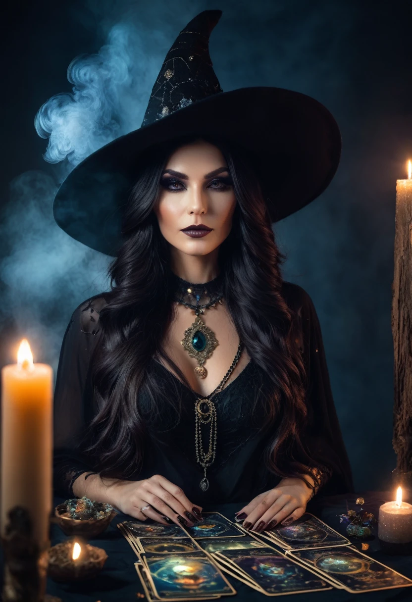 a beautiful woman , LONG HAIR queen WITCH WITH A hat TAROT CARDS and crystals dark MAKEUP .the Style-RustMagic, Aum, (atmosfera escura:1.2), (Mist & smoke), (noite escura:1.3), Cicatrizes, (shaggy medium length dark hair:1.1), (sombra:1.1), (brilho lindamente detalhado:1.2), (cinematic lighting), detalhe intrincado, high resolution,