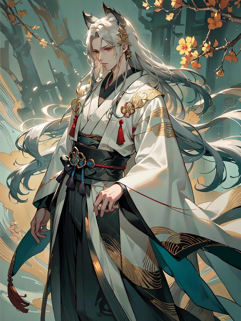 HDR,UHD,8K, best quality, masterpiece, Highly detailed, Studio lighting, physically-based rendering, 1boy, solo,
1boy, A highly detailed, anime-inspired illustration of a male character with long, flowing white hair and cat ears. He has a stern, dignified expression with piercing golden eyes that have a sharper, more intense look, reflecting a strong-willed and determined personality. His long hair flows naturally, with strands delicately outlined and softly shaded to create a realistic yet stylized appearance. He appears to be around 30 years old, with mature and defined features, exuding a sense of adult calmness and ruthlessness, similar to Sephiroth. He is wearing a dark, partially open kimono that reveals his well-defined chest, with intricate patterns and textures on the fabric to add richness to the clothing. The kimono should have traditional Japanese designs, including subtle floral motifs and elegant, gold-trimmed edges. The background is a soft, light gradient that accentuates the character's features without distracting from them, with a slight blur effect to give a sense of depth. The lighting is soft and natural, casting gentle shadows that enhance the contours of his face and body. His ears are slightly furry, with a realistic texture that blends seamlessly with his hair. The overall art style should include delicate line work and soft shading, focusing on clean lines, realistic yet stylized features, and subtle gradients and textures to create a polished and aesthetically pleasing appearance. The character should have a normal neck length and a broader jawline to ensure more balanced proportions. He should also appear to be around 190 cm tall. The image should be in 4K resolution, masterpiece quality, and of the highest standard, capturing every detail with precision and care.
upper body, 
 