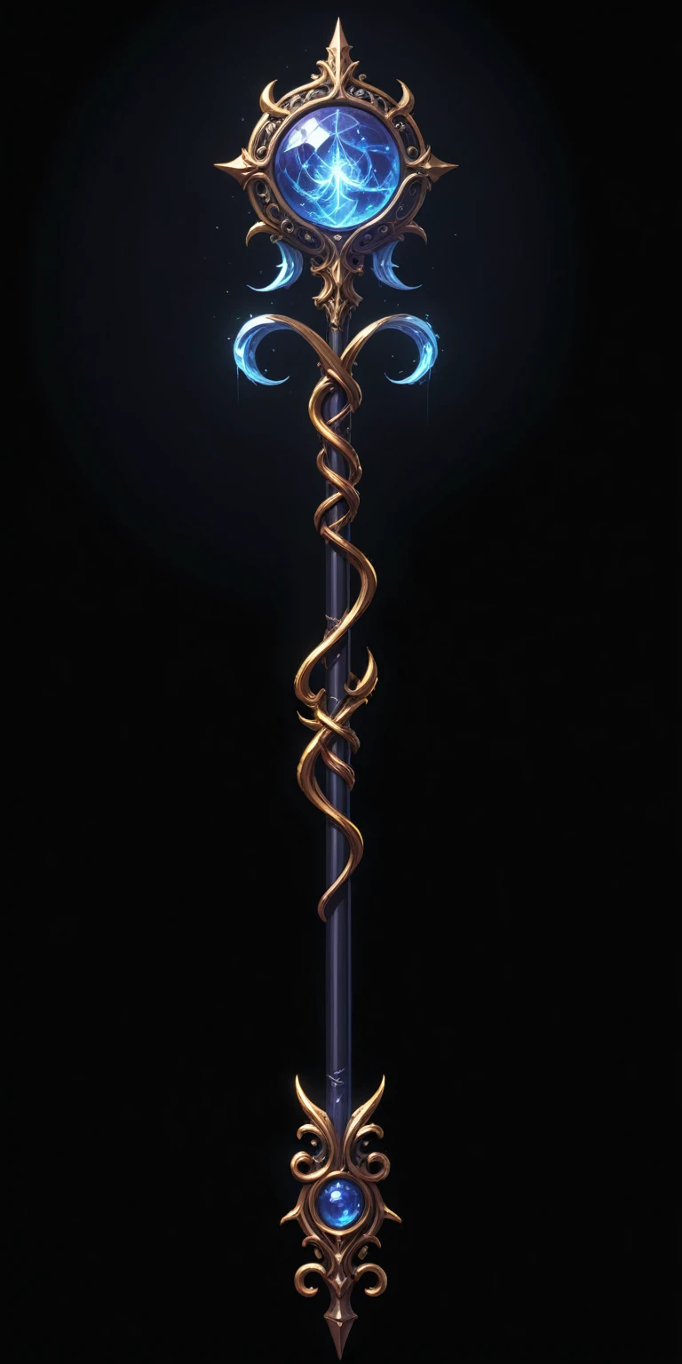 pixel art, cartoon illustration, Divine glavie greatstaff, Powerfull Magical theme, simple black background, RPG game icon