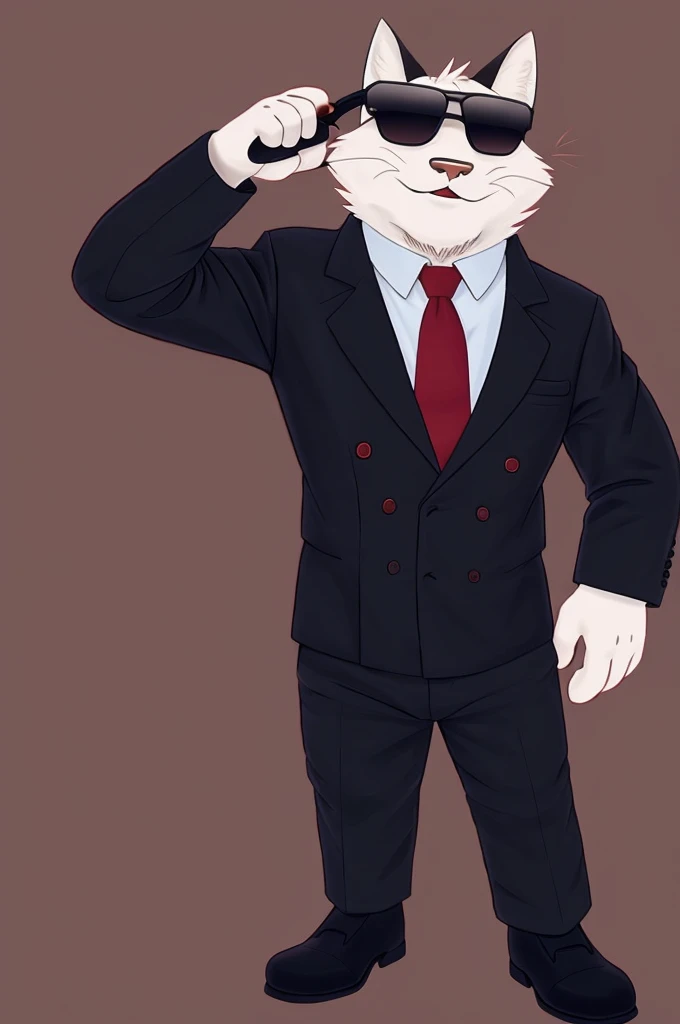 CAT MAN with black suit and red tie and dark sunglasses and black pants and black shoes,alto y sexy
