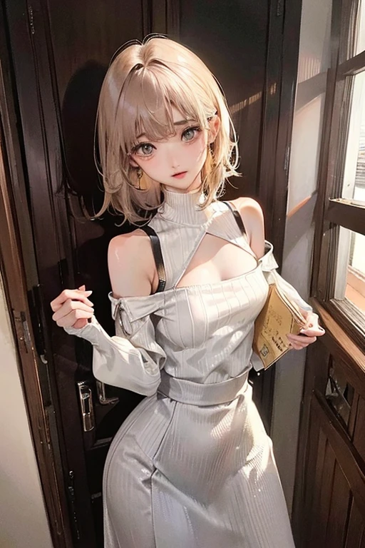 (highest resolution、clear_image)highest quality、woman、very detailed、semi-realistic、light cream hair、short hair、Long neckline、gray eyes、21 years old、shoulder length hair、mature、young、V-neck sweater、exquisite features、Cowboy Shot、Brown Eyes、Waist up shot