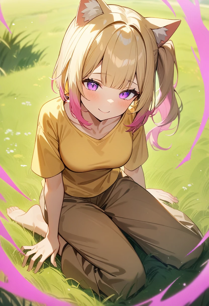 1girl, pink aura, cat ears, smiling, medium breasts, smooth blonde hair blunt bangs, side ponytail, tired eyes, purple eyes, baggy yellow shirt, baggy brown pants, barefoot, grasslands, masterpiece quality, ultra HD, 4K, best quality, 