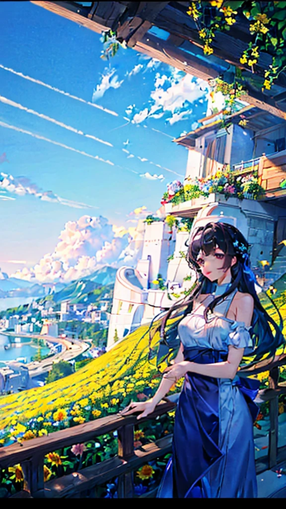(best quality：1.4)，（Best results：1.4），（Ultra-clear picture quality：1.4），（Ultra-sharp details：1.2）,Summer solstice poster，summer，highway，Sunlight，Bright，hillside，Flowers，Distant Mountains，Skyline，Blue sky