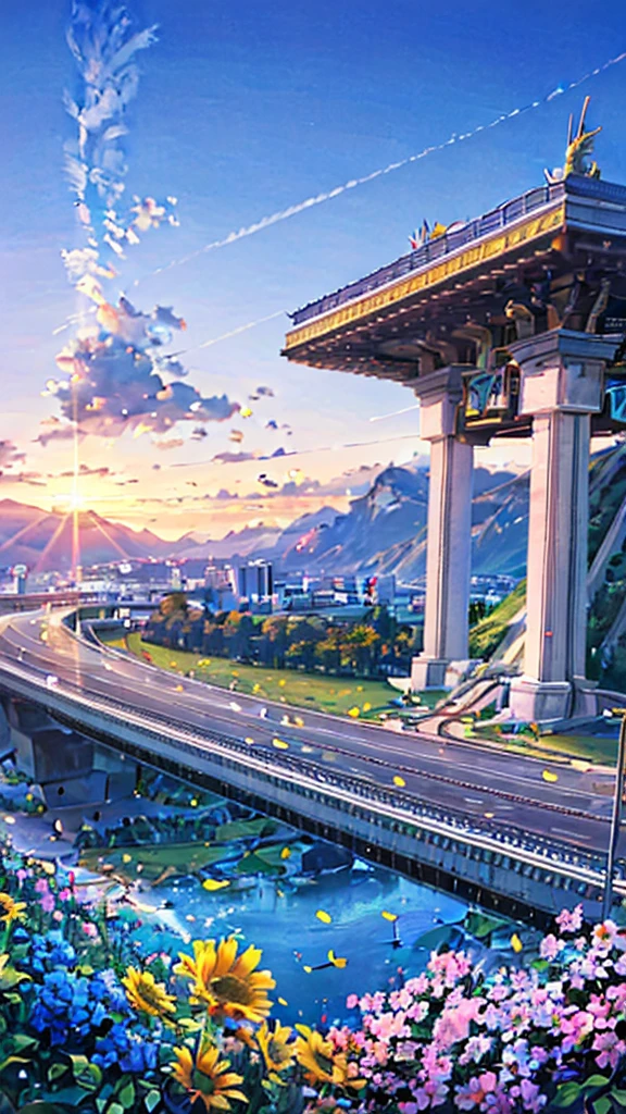 (best quality：1.4)，（Best results：1.4），（Ultra-clear picture quality：1.4），（Ultra-sharp details：1.2）,Summer solstice poster，summer，highway，Sunlight，Bright，hillside，Flowers，Distant Mountains，Skyline，Blue sky