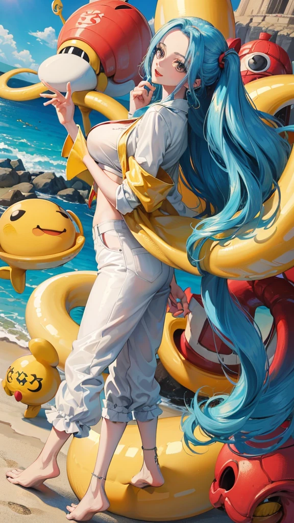 Crie uma imagem full body em estilo anime de Nefertari Vivi do anime One Piece. Ela possui cabelos longos e azuis com franja estilo Hime, olhos azuis, e um sorriso encantador. She is wearing a white leather jacket over a white loose-fitting shirt and sweatpants.. (corpo bonito:1.3) Vivi has bright red lips and a perfect anime face, com detalhes realistas e ultra detalhados. O fundo deve ser uma cidade, destacando-a como a melhor garota de anime (rosto bonito:1.3)