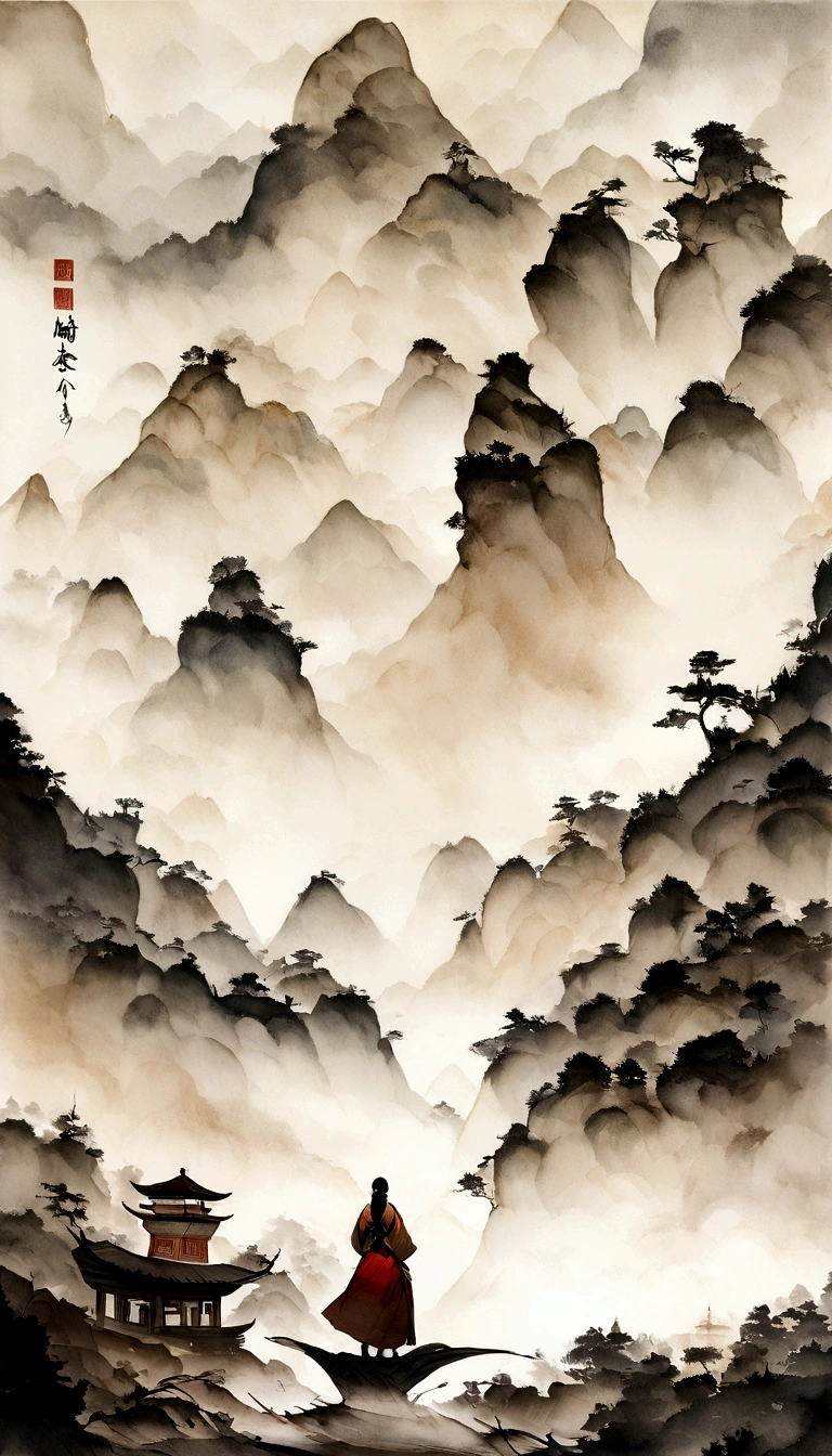 Chinese figure landscape painting,Ink and Watercolor Painting,Larger Characters,scholar,Lao Tzu,,ink,Vision,Super wide viewing angle,meticulous,Vision饱和度低,Low contrast,Beautifully depicted,Acura,masterpiece,masterpiece