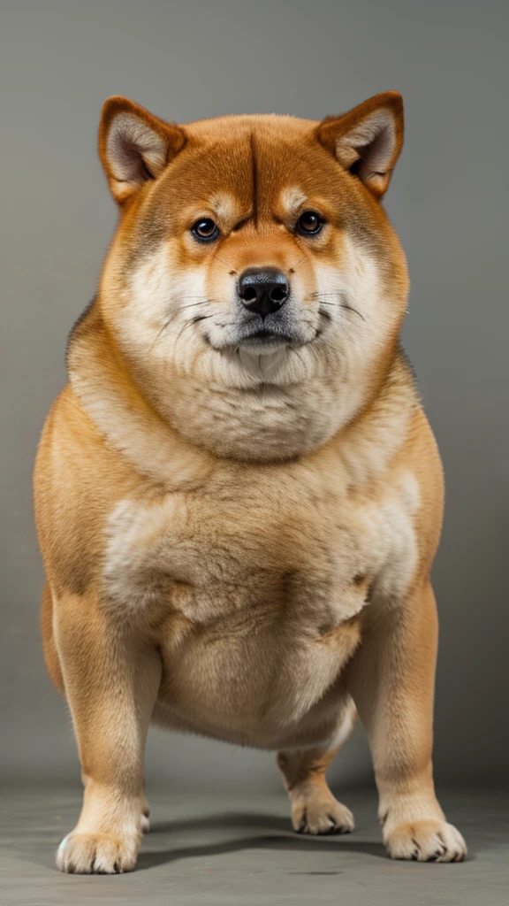 The only character is a Shiba Inu.、The body is fat、Shiba Inu、The posture is like begging.,
Posture is standing、Posture is upright、The camera is taken from a little distance.、The face is facing forward、The body is fat、The body is fat、The Shiba Inu is wearing tight-fitting pants and a tight-fitting polo shirt.