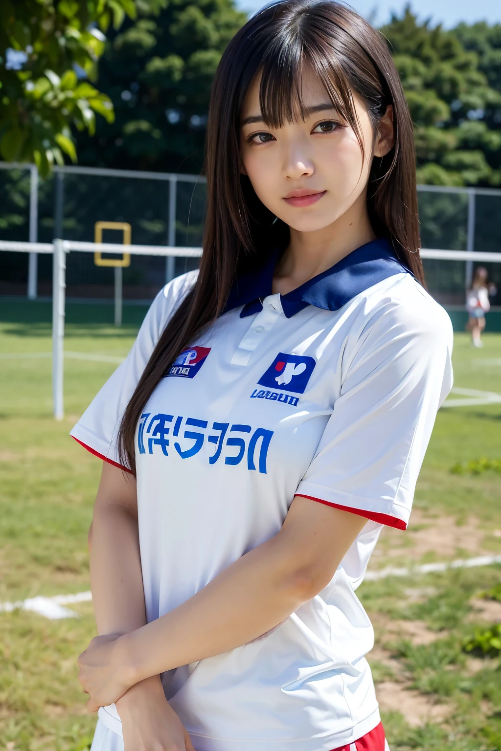((((top-quality))))、(((Ultra Precision CG16K Wallpapers)))、(((masterpiece)))、(((ultra-detailliert)))、(((Ultra-extreme details)))、One woman、a matural female、a 25yo woman、((Japanese face))、((extremely beautiful face))、((sasaki nozomi:1.8))、((Semi-long cut、curly hair:1.2))、(shinny hair)、Bangs up to the eyebrows、Beautiful brown hair、Beautiful delicate eyes、Brown eyes、lofty nose、small nostrils、seductive lips、slightly open mouth、Beautiful breasts、C-cup size breasts、cleavage of the breast、Plump body、perfectly proportions、perfect anatomia、Beautiful and detailed shading、Beautiful natural lighting、Beautiful detail glow、depth of fields、(((a high chroma)))、((realisitic:1.9))、((Vivid:1.4))、((Beautiful skin))、((Skin texture))、((Realistic skin feeling))、perfect-composition、((Head-to-thigh shot))、((Angle of view from the front))、((a smile:1.2))、(Staring eyes)、Bright sunshine、((Walking in the park:1.2))、(Blur the background)、((Wearing a white jersey:1.5))、(a necklace)、