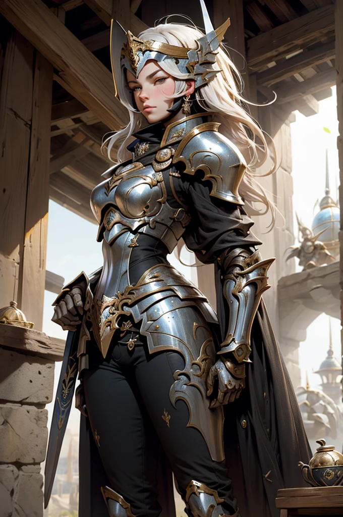 una mujer con armadura parada frente a una ventana, chica armadura, portrait caballeros de la chica del zodiaco, cushart krenz arte clave femenino, caballeros de la chica del zodiaco, beautiful paladin woman, caballero femenino, dama con armadura dorada, con grandes tetas, pero la armadura cubre su rostro, of a beautiful caballero femenino, impresionante armadura, hermosa armadura, vestido con armadura ligera, retrato caballero mujer. 8k.