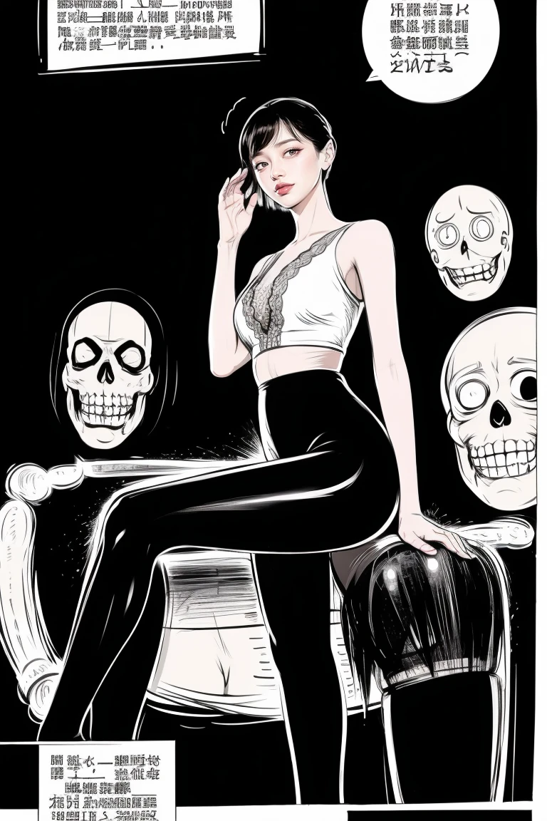 The beautiful girl in lace top and leggings is sitting astride a pile of skeletons in the center of the picture. She is holding a trembling sausage with juice squeezed out in her hand and smiling. There are multiple comic storyboards in the background,cbt, sausage ,sausage insertitrampling sage with high heels heel,(masterpiece, best quality:1.2),1 beautiful girl,sexy,comic storyboa2, leggings, sit astride, axially symmetrical:2, ,femdom,sounding,cbt,hole,colorful,leggings,thin gap,cameltoe,insertion,trembling,juice,sp hair,Lace top,Sexy, Shiny leggings, High heel,cleve, trampling, in forest, saliva , Mucus,