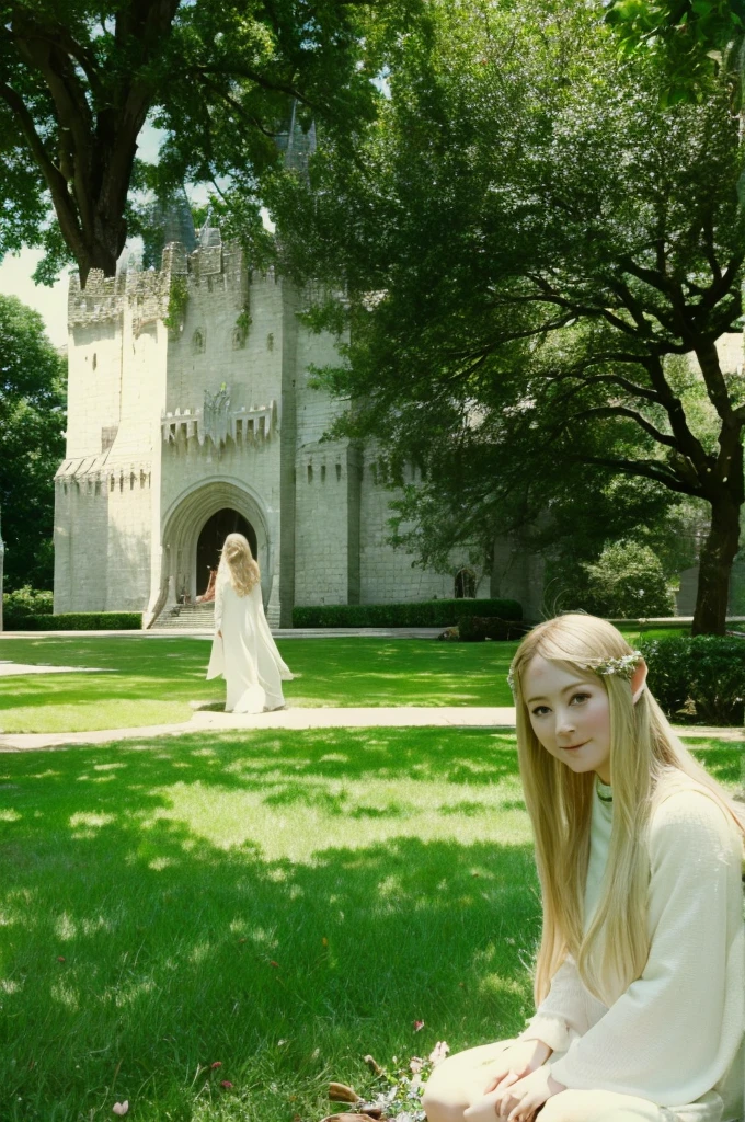 Elf、White skin、Light clothing、Barefoot、On the grass、Under the tree、Shade、summer、雪のようにWhite skin、Blonde、Long Hair、Castle、nature、
