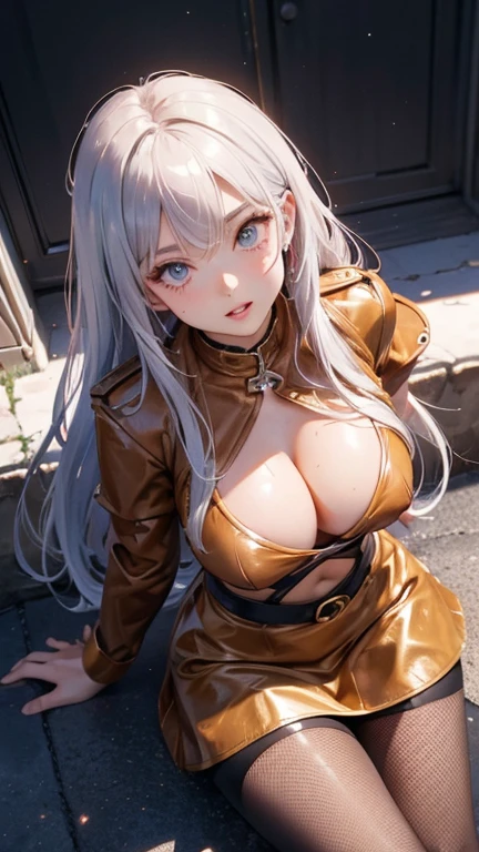 4K, Real Mix CG, Realistic Modeling、 ((Sexy Gal)), (From above:1.2)、((Vulgarity、Open your mouth)), Gal Fashion, (Cabaret Dress),  (Shiny clothes、Bodycon、Sexually attractive clothing), blush, eyelash, Beautiful Eyes, There is cleavage in the chest, belly button, Fishnet Focus), Alluring face, Thick lips, Wide Hips, Skin dents,  highest quality, (((Oilskin、Glowing Skin, Sensual body, Shiny skin))), Ample breasts, Perfect body, Thick thighs, Wide Hips, Shadow、from the front, (chromatic aberration, Intricate details), Dynamic Angle, 40k, High resolution, High resolution, (SFW), Seductive Woman、Wall-don、Sexy pose、Bodyconスーツ、Open-chested clothing、Red color clothes、A beautiful woman using her charms、Silver Hair、Tight Skirt