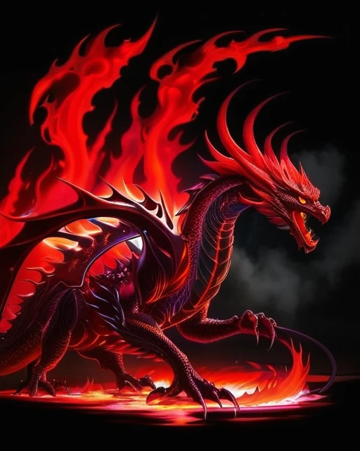 Glowing red fire dragon with bioluminescence