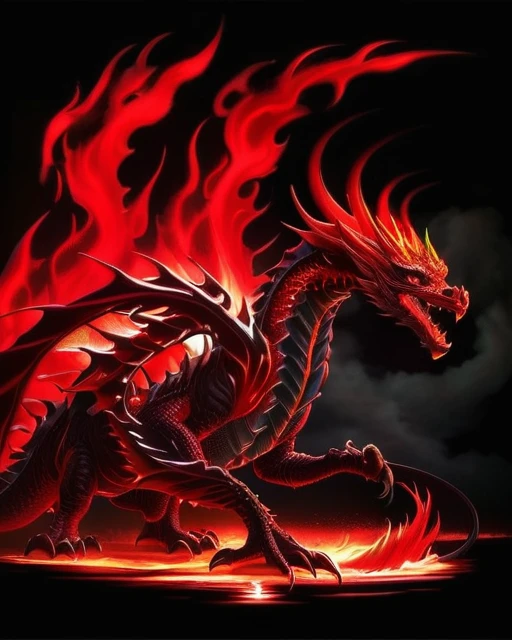 Glowing red fire dragon with bioluminescence