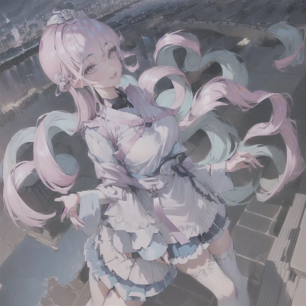 official art, masterpiece, sharp focus, (beautiful gorgeous cute Korean woman:1.3), (beautiful cute korean:1.3), korean beauty, Delicate and beautiful hair and eyes and face, realistic, ultra detailed, beautiful girl, blue sky, glow white particle, (sidelighting:1.2), sun light, white cloud, detailed clouds, slender, Lovely very large breasts and very large hips, smile with teeth, ((smile with eyes, open both eyes)), scenery, long straight hair, sexy facial expression, building, (cityscape:1.7), dynamic hair, long straight hair, detailed platinum pink hair, glow blue eyes, (blue pleated shirts + white skirt), white long socks, pale skin, hair ornament, epic scenery,