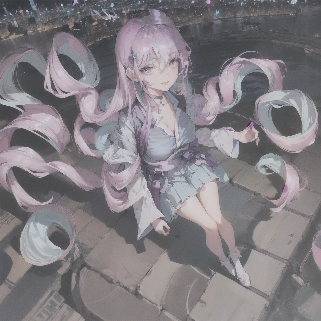 official art, masterpiece, sharp focus, (beautiful gorgeous cute Korean woman:1.3), (beautiful cute korean:1.3), korean beauty, Delicate and beautiful hair and eyes and face, realistic, ultra detailed, beautiful girl, blue sky, glow white particle, (sidelighting:1.2), sun light, white cloud, detailed clouds, slender, Lovely very large breasts and very large hips, smile with teeth, ((smile with eyes, open both eyes)), scenery, long straight hair, sexy facial expression, building, (cityscape:1.7), dynamic hair, long straight hair, detailed platinum pink hair, glow blue eyes, (blue pleated shirts + white skirt), white long socks, pale skin, hair ornament, epic scenery,