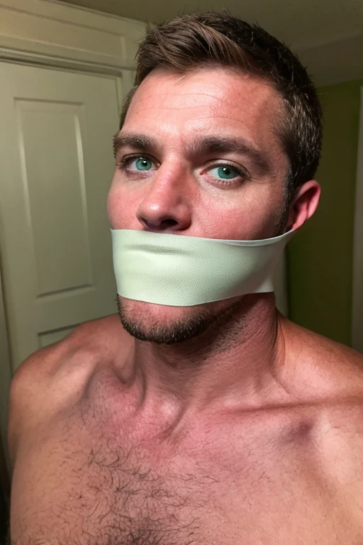 middle-aged handsome man half body, hairy chest, naked, short brown hair, stubble, facial hair, bearded, green eyes, sad, looking at camera, tape gag, tape wrapped, wrap gag, tightly bound, tape wrapped around face